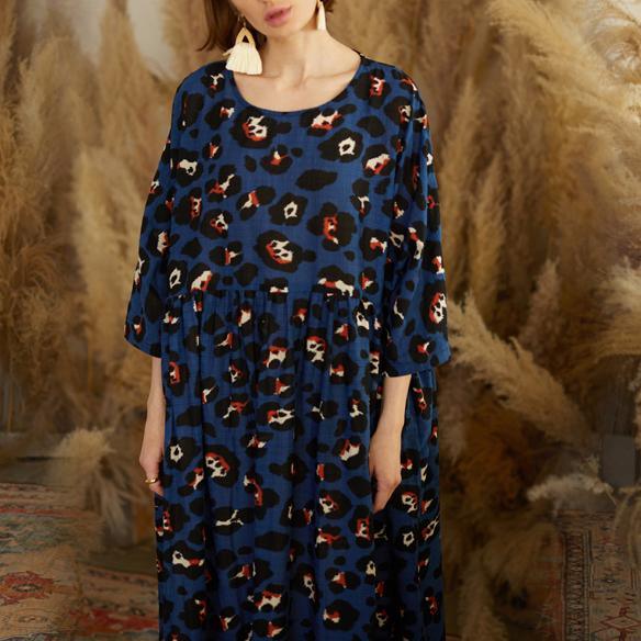 Vivid o neck patchwork cotton tunics for women Fabrics blue print Vestidos De Lino Dresses - Omychic
