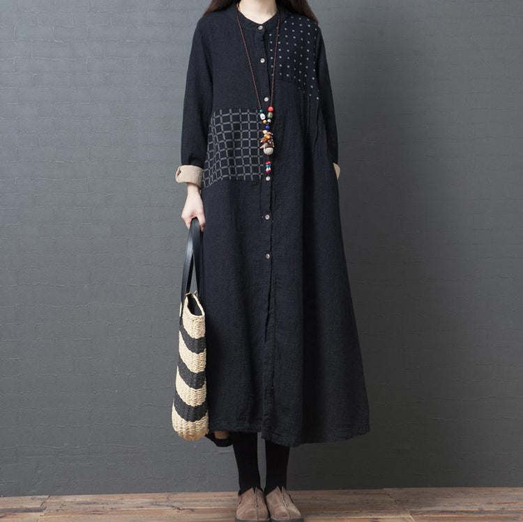 Vivid o neck patchwork linen Robes Sewing black plaid Dresses - Omychic