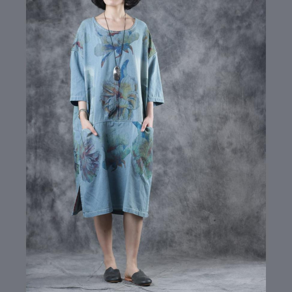 Vivid o neck pockets Cotton quilting clothes Catwalk light blue print Dress summer - Omychic