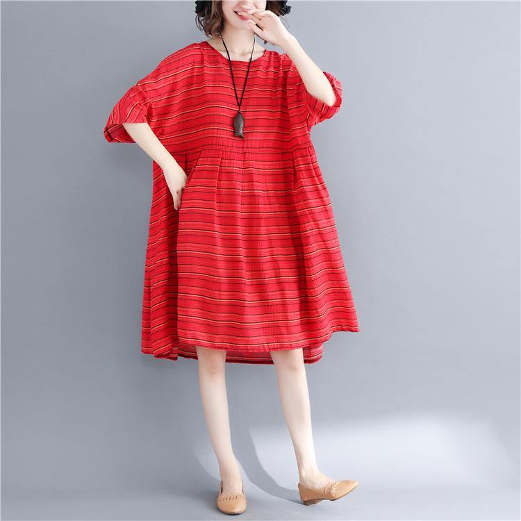Vivid o neck pockets cotton linen Tunics Pakistani Fabrics red striped Dresses Summer - Omychic