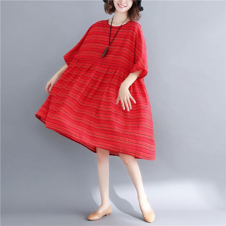Vivid o neck pockets cotton linen Tunics Pakistani Fabrics red striped Dresses Summer - Omychic