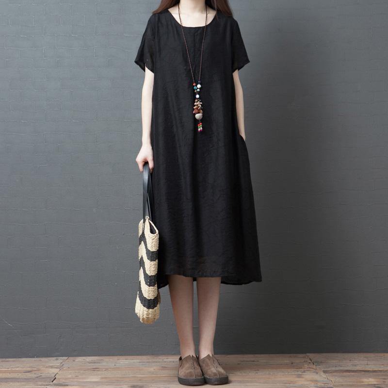 Vivid o neck pockets silk blended tunics for women Inspiration black Dresses summer - Omychic