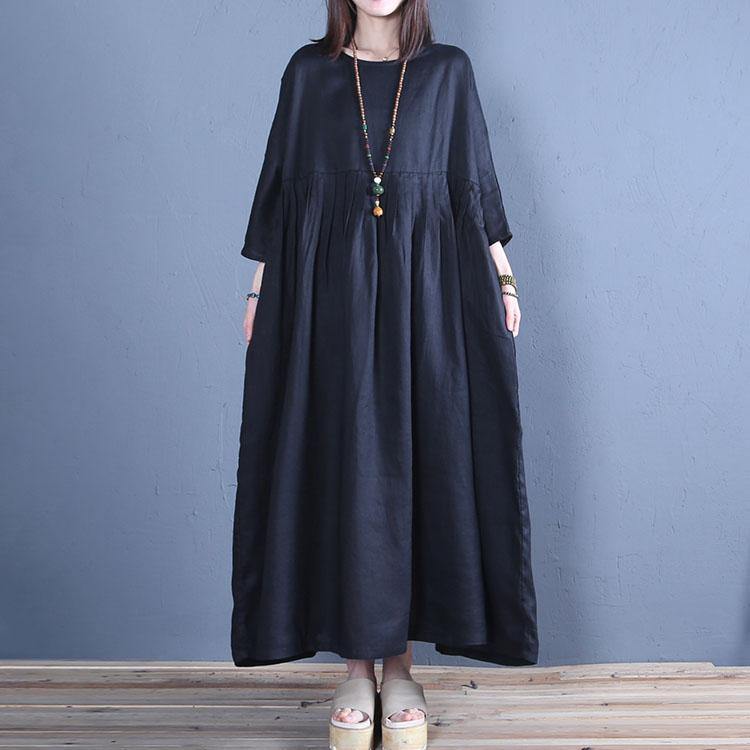 Vivid o neck wrinkled cotton linen Robes Sewing black Dresses spring - Omychic