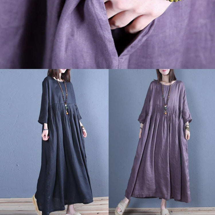 Vivid o neck wrinkled cotton linen Robes Sewing black Dresses spring - Omychic