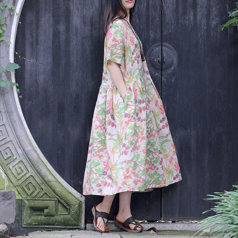 Vivid O Neck Wrinkled Cotton Linen Dresses Plus Size Inspiration Floral Vestidos De Lino Dress Summer ( Limited Stock) - Omychic