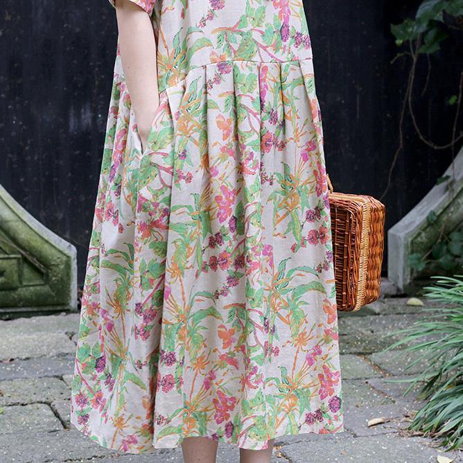 Vivid O Neck Wrinkled Cotton Linen Dresses Plus Size Inspiration Floral Vestidos De Lino Dress Summer ( Limited Stock) - Omychic
