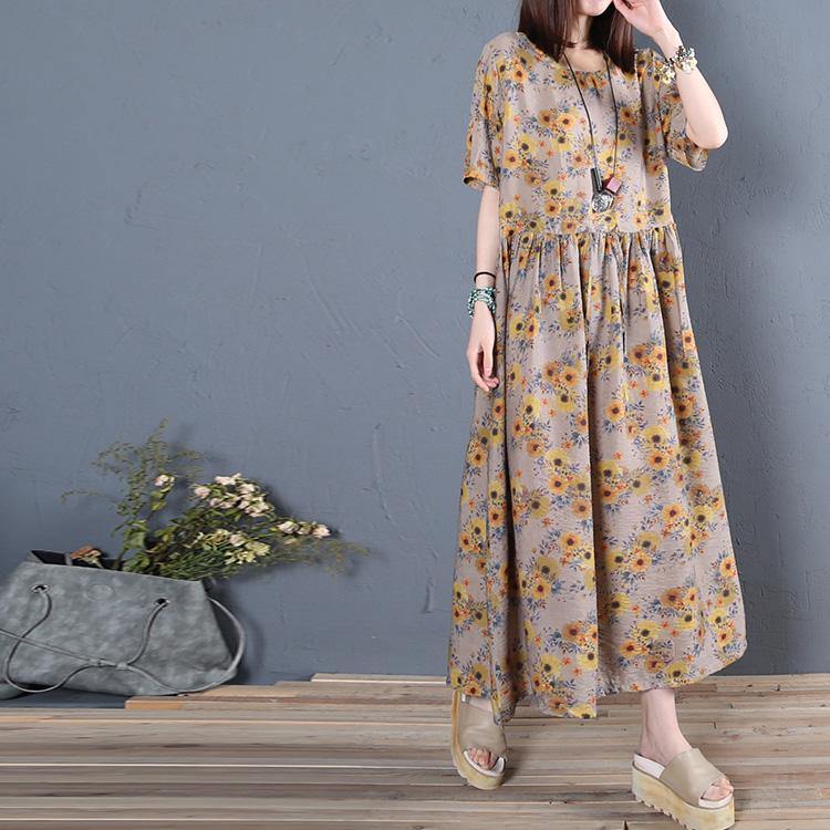 Vivid o neck yellow print wrinkled cotton quilting clothes brown loose Dress summer - Omychic
