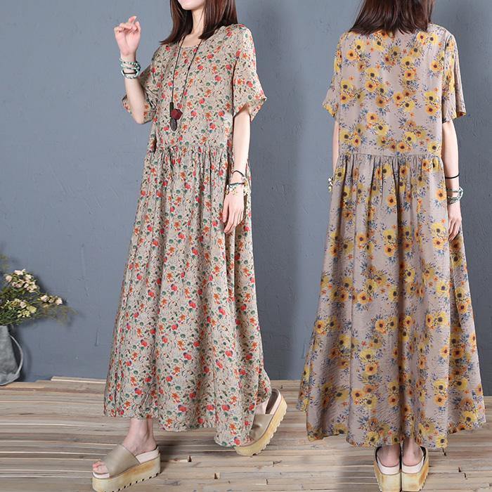 Vivid o neck yellow print wrinkled cotton quilting clothes brown loose Dress summer - Omychic