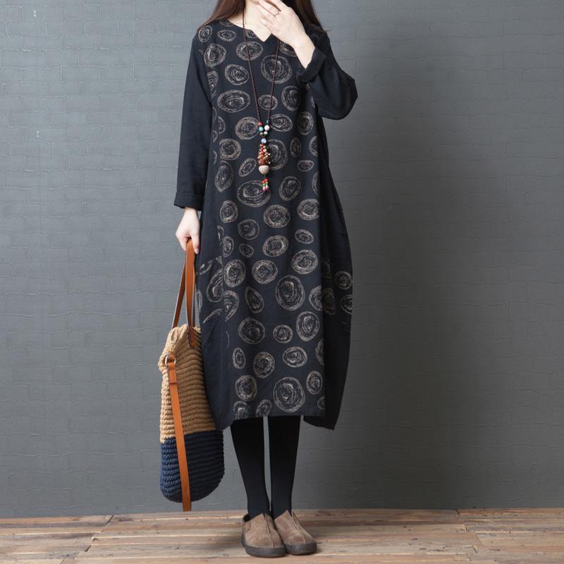 Vivid patchwork Cotton clothes For Women Fine Tutorials black prints cotton Dresses long sleeve - Omychic