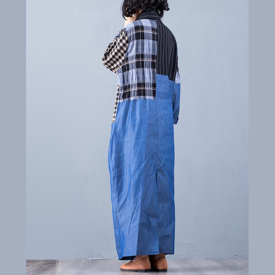 Vivid patchwork cotton v neck clothes For Women Wardrobes blue Plus Size  Dress - Omychic
