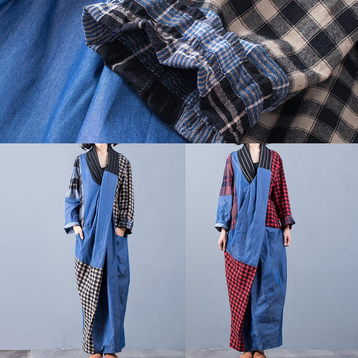 Vivid patchwork cotton v neck clothes For Women Wardrobes blue Plus Size  Dress - Omychic