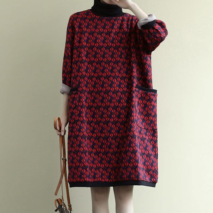 Vivid patchwork high neck cotton winter Tunics Catwalk red floral Plus Size Dresses - Omychic