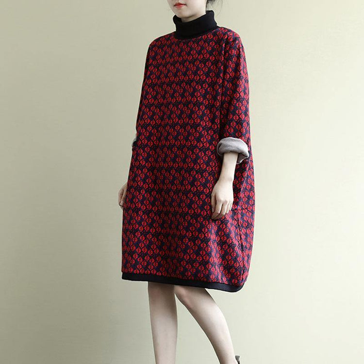 Vivid patchwork high neck cotton winter Tunics Catwalk red floral Plus Size Dresses - Omychic