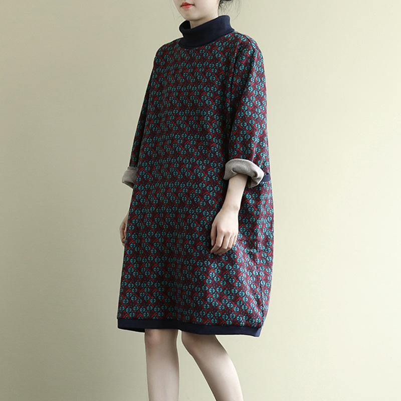 Vivid patchwork high neck cotton winter Tunics Catwalk red floral Plus Size Dresses - Omychic