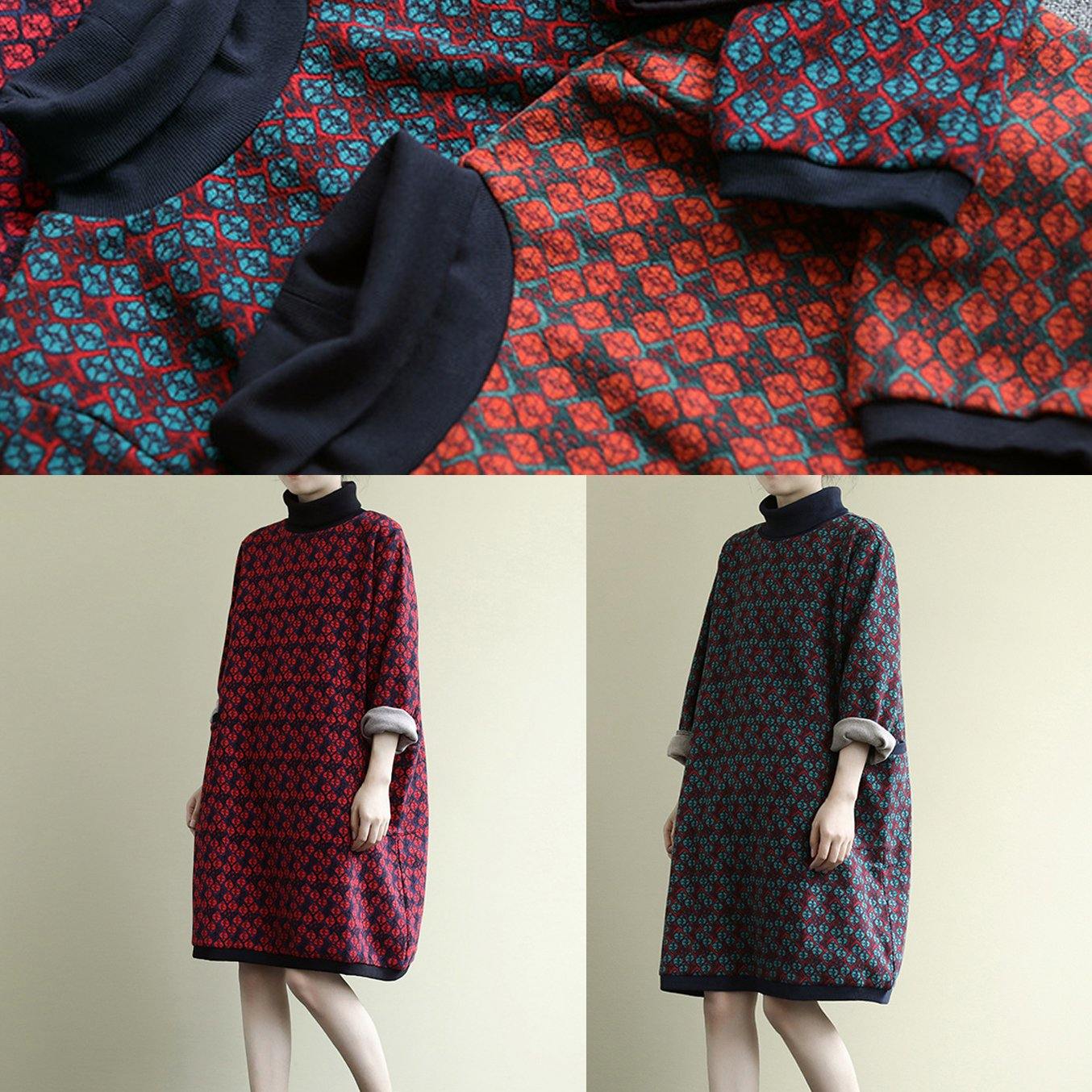 Vivid patchwork high neck cotton winter Tunics Catwalk red floral Plus Size Dresses - Omychic