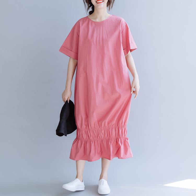 Vivid pink linen cotton Robes o neck wrinkled Art summer Dresses - Omychic