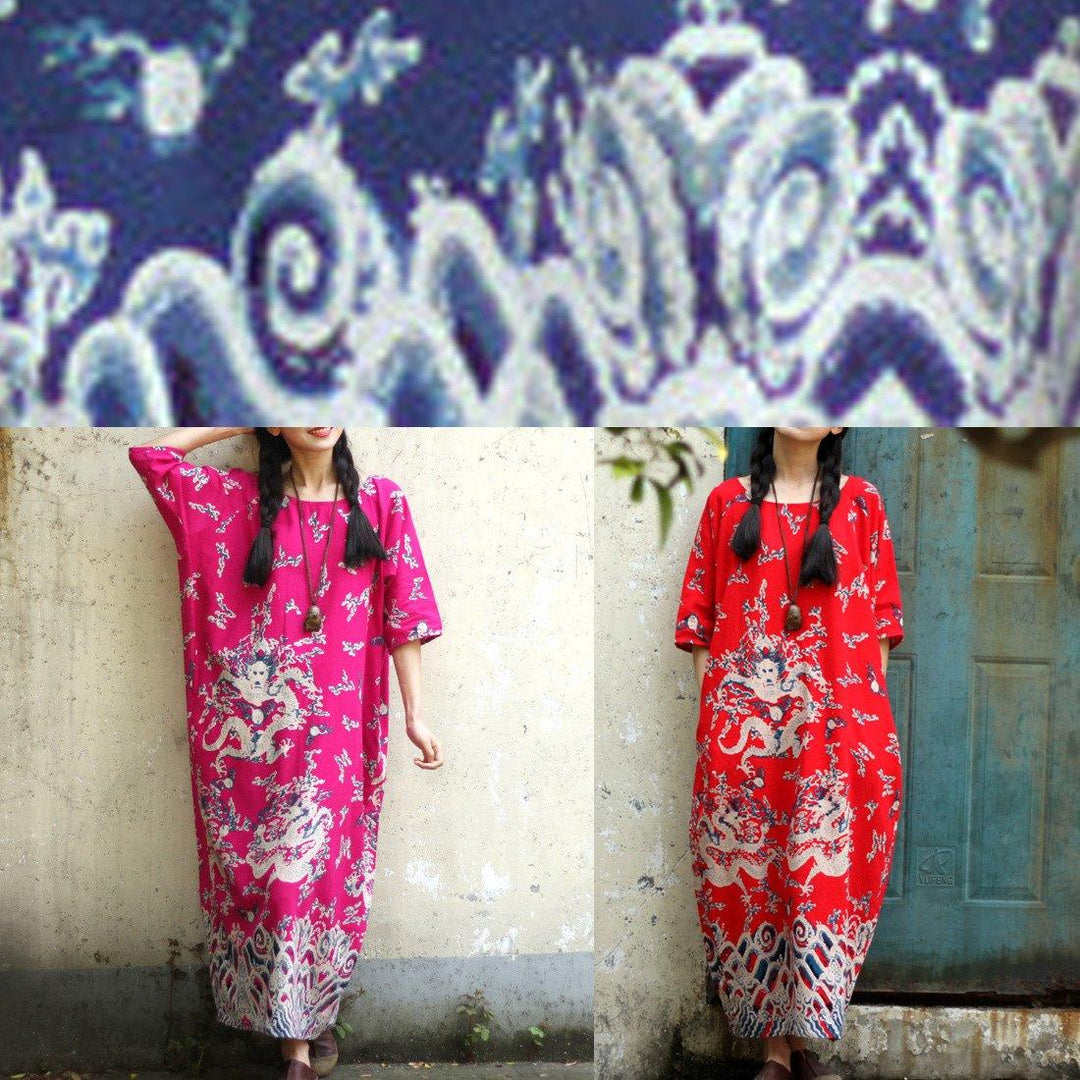 Vivid prints cotton summer dresses design blue o neck Dress - Omychic
