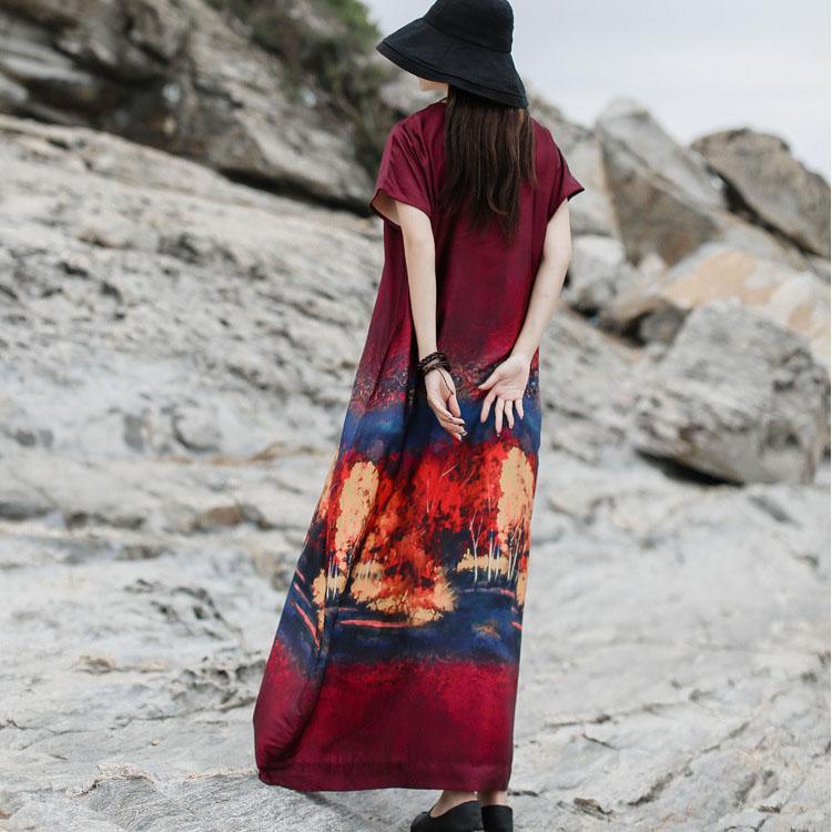 Vivid red print blended Tunics o neck pockets Art summer Dresses - Omychic