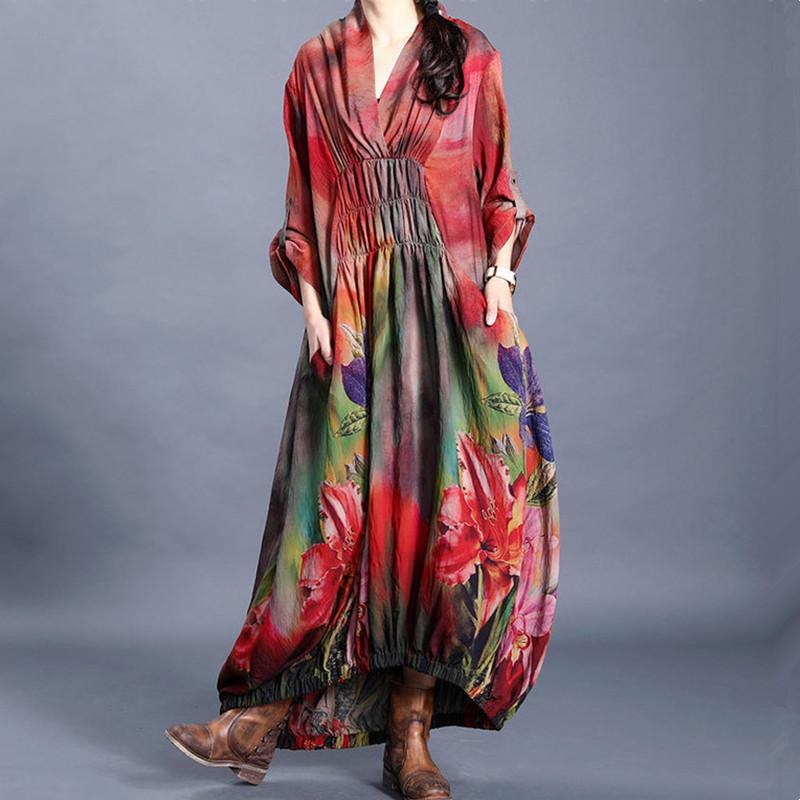 Vivid red print clothes v neck wrinkled Maxi Dress - Omychic