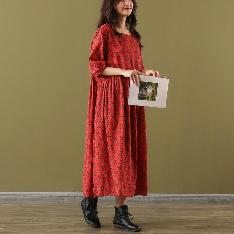 Vivid red print cotton Wardrobes o neck half sleeve long summer Dress - Omychic