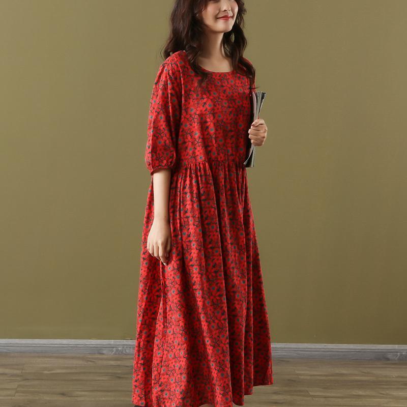 Vivid red print cotton Wardrobes o neck half sleeve long summer Dress - Omychic