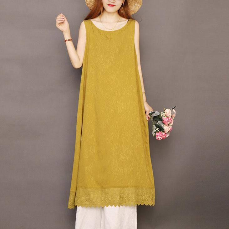 Vivid sleeveless Jacquard linen clothes For Women Work yellow Dresses summer - Omychic