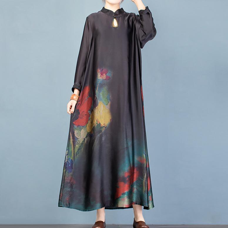 Vivid stand collar Chinese Button spring clothes linen black print Maxi Dresses - Omychic