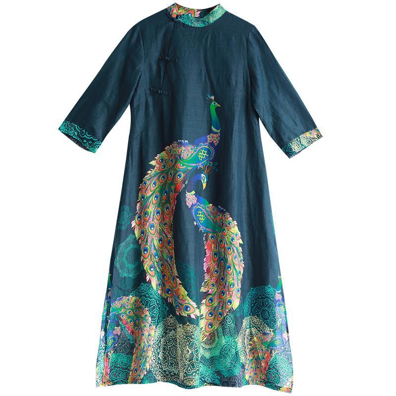 Vivid stand collar cotton clothes Neckline blue prints Dresses fall - Omychic