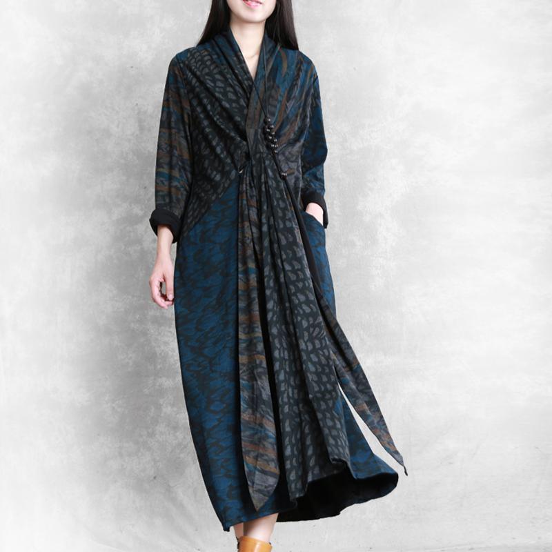 Vivid v neck asymmetric pockets cotton clothes blue print Maxi Dresses fall - Omychic
