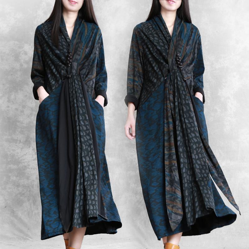 Vivid v neck asymmetric pockets cotton clothes blue print Maxi Dresses fall - Omychic