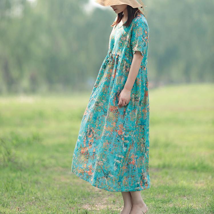 Vivid v neck cotton linen clothes Fabrics blue floral Dresses summer - Omychic