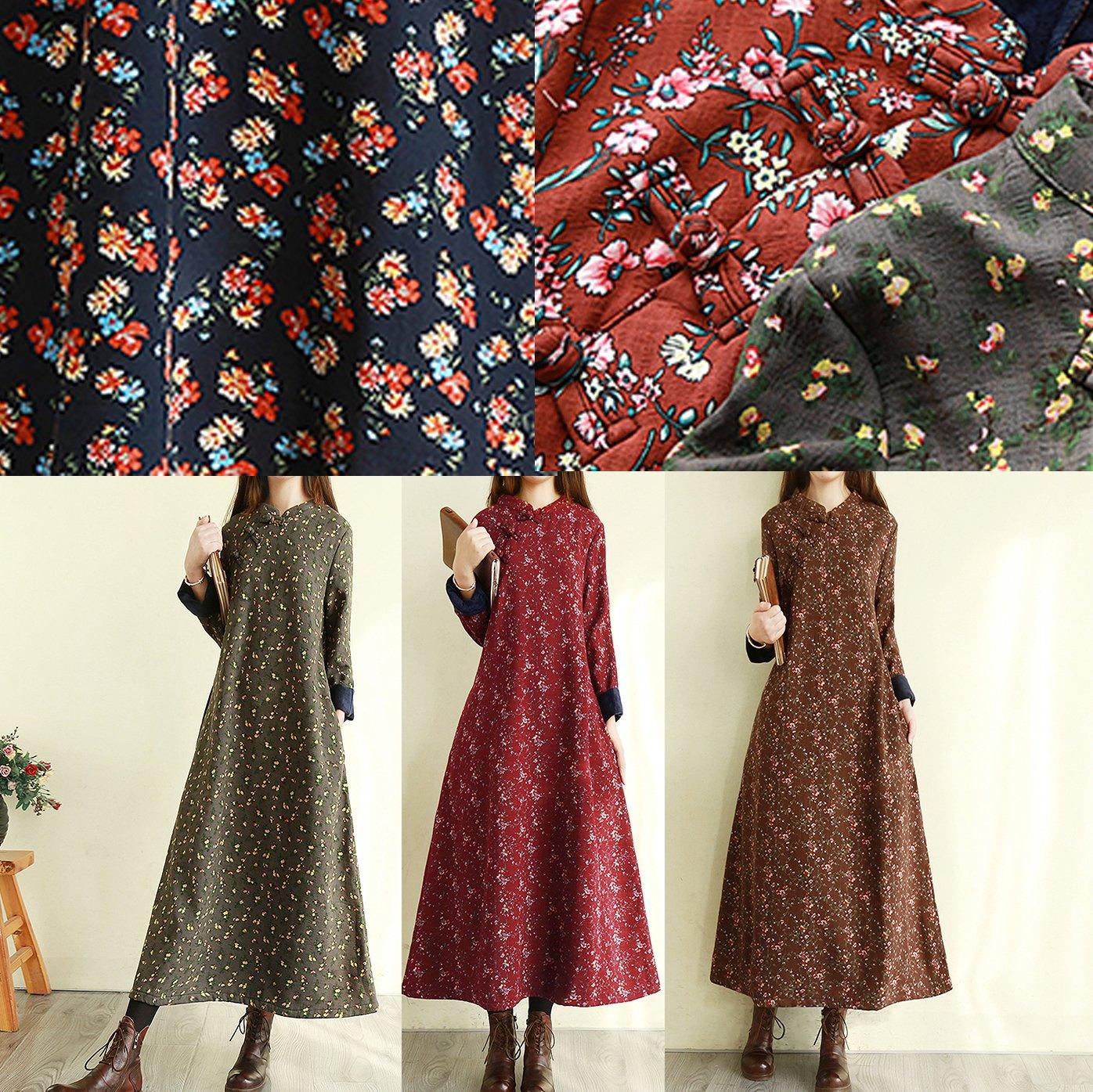 Vivid winter cotton floral Tunic linen chocolate stand collar Vestidos De Lino Dresses - Omychic