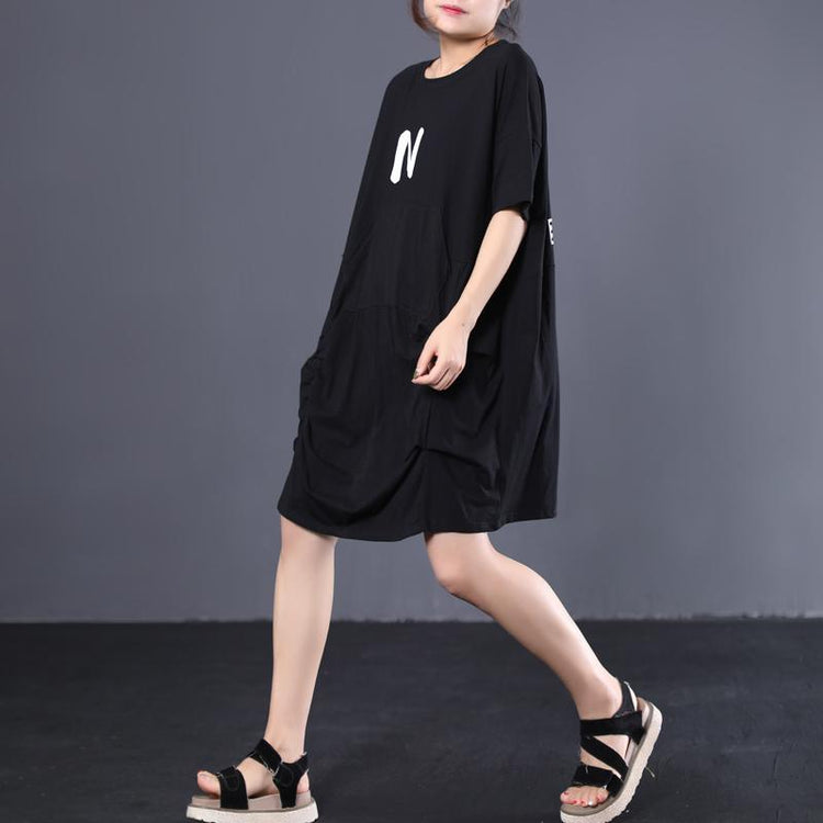 Vivid wrinkled cotton quilting clothes Catwalk black alphabet Maxi Dresses summer - Omychic