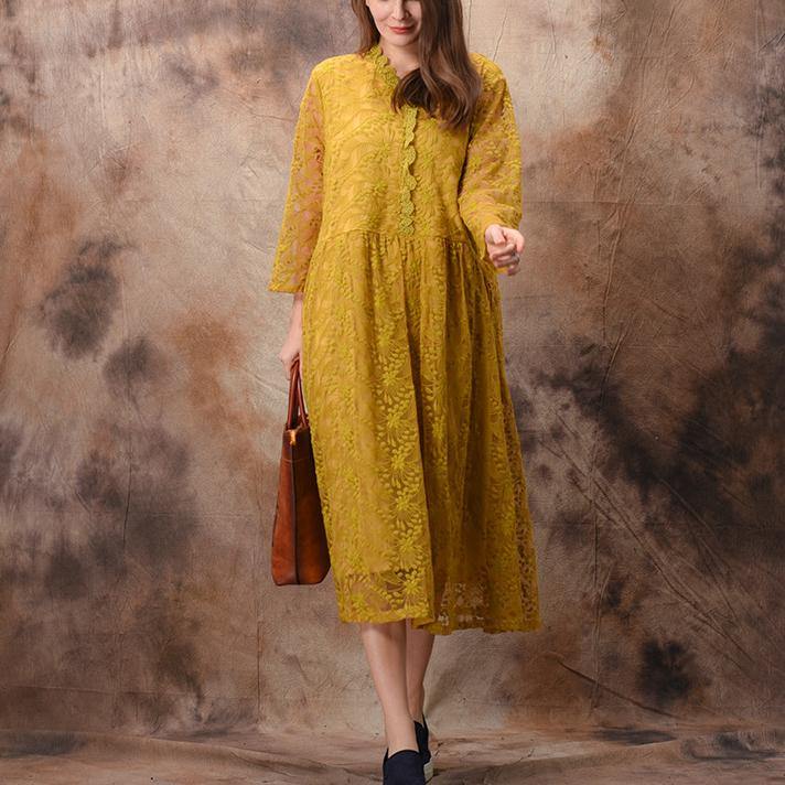 Vivid yellow lace dresses 2019 pattern v neck false two pieces Traveling Summer Dresses - Omychic