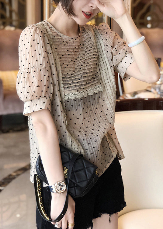 Vogue Apricot O Neck Print Chiffon T Shirt Short Sleeve