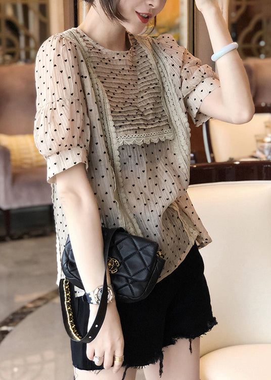 Vogue Apricot O Neck Print Chiffon T Shirt Short Sleeve