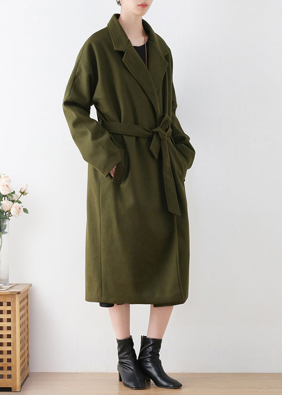 Vogue Army Green Notched Tie Waist Woolen Trench Coats Winter