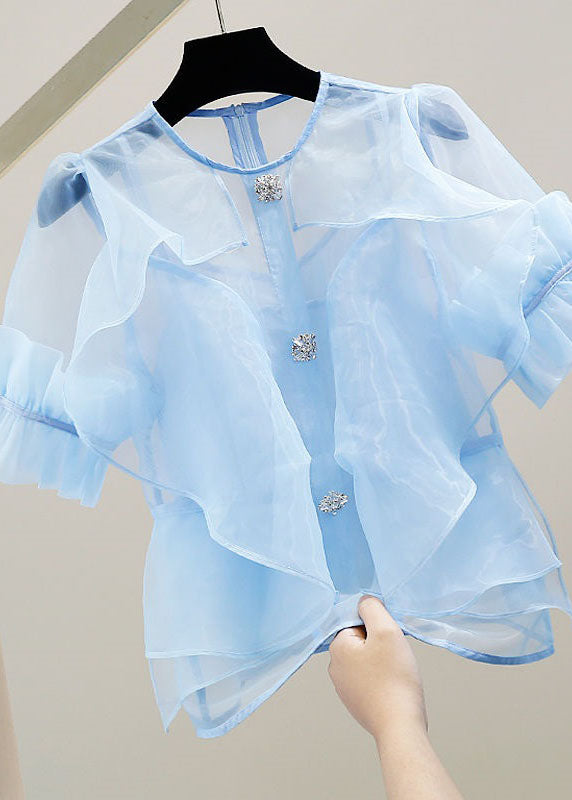 Vogue Baby Blue Ruffled Zircon Patchwork Tulle Blouses Summer