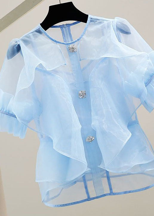 Vogue Baby Blue Ruffled Zircon Patchwork Tulle Blouses Summer