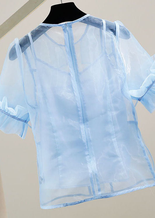 Vogue Baby Blue Ruffled Zircon Patchwork Tulle Blouses Summer