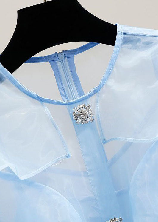 Vogue Baby Blue Ruffled Zircon Patchwork Tulle Blouses Summer