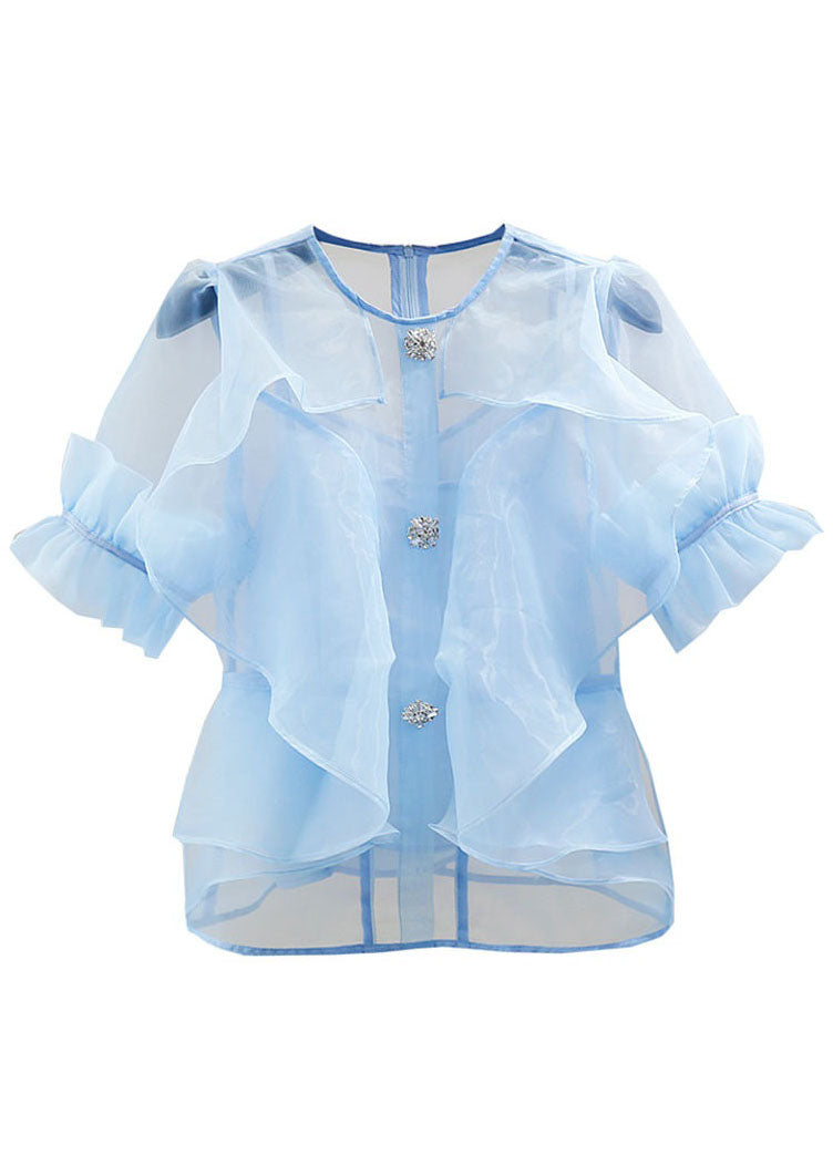 Vogue Baby Blue Ruffled Zircon Patchwork Tulle Blouses Summer