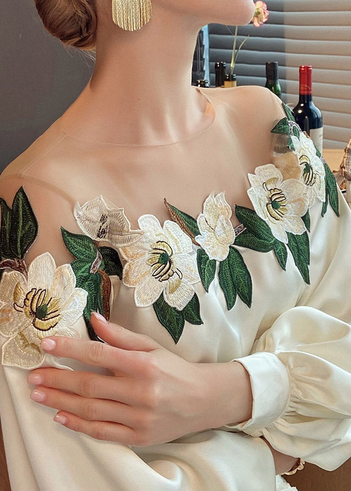 Vogue Beige O-Neck Embroidered Floral Patchwork Silk Top Fall