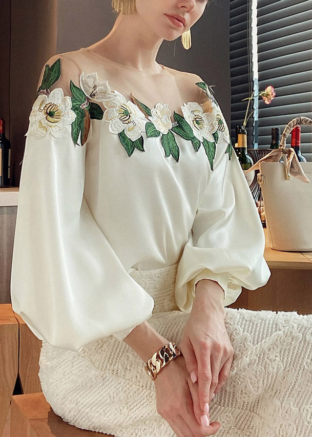Vogue Beige O-Neck Embroidered Floral Patchwork Silk Top Fall