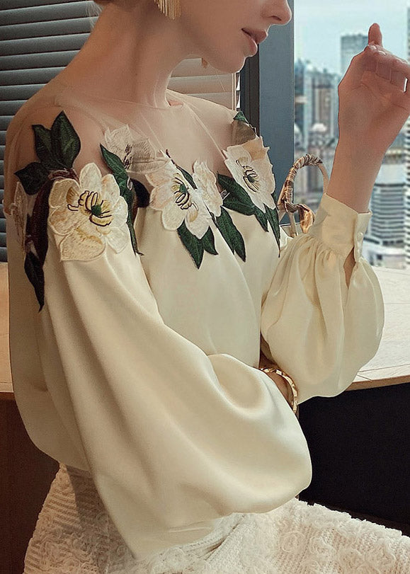 Vogue Beige O-Neck Embroideried Floral Patchwork Silk Top Fall
