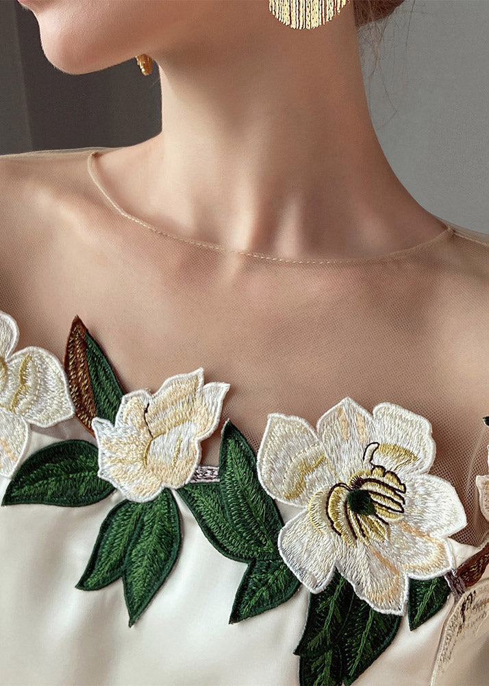 Vogue Beige O-Neck Embroidered Floral Patchwork Silk Top Fall