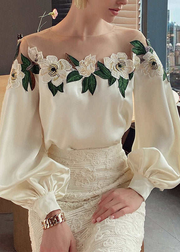 Vogue Beige O-Neck Embroidered Floral Patchwork Silk Top Fall