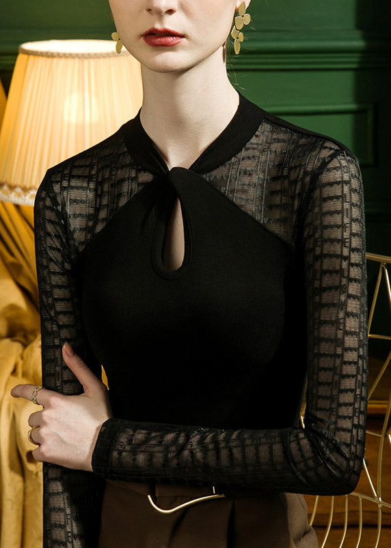 Vogue Black O-Neck Patchwork Hollow Out Lace Tops long Sleeve