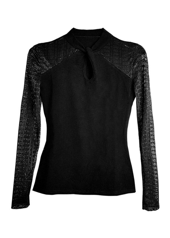 Vogue Black O-Neck Patchwork Hollow Out Lace Tops long Sleeve