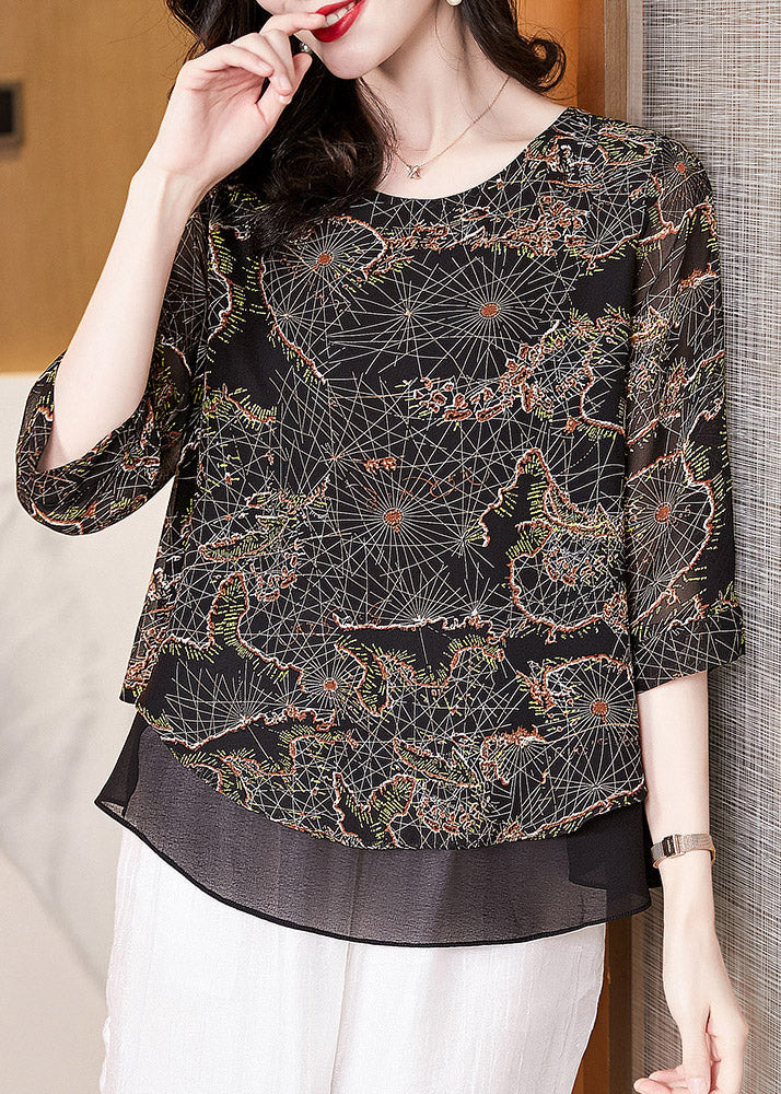 Vogue Black O-Neck Print Chiffon Top Long Sleeve